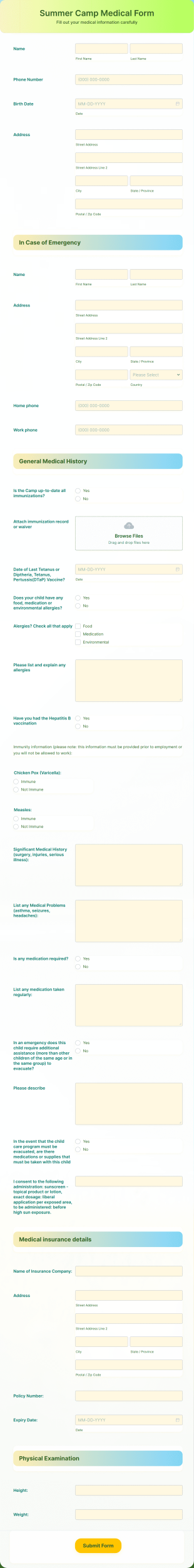 Summer Camp Medical Form Template