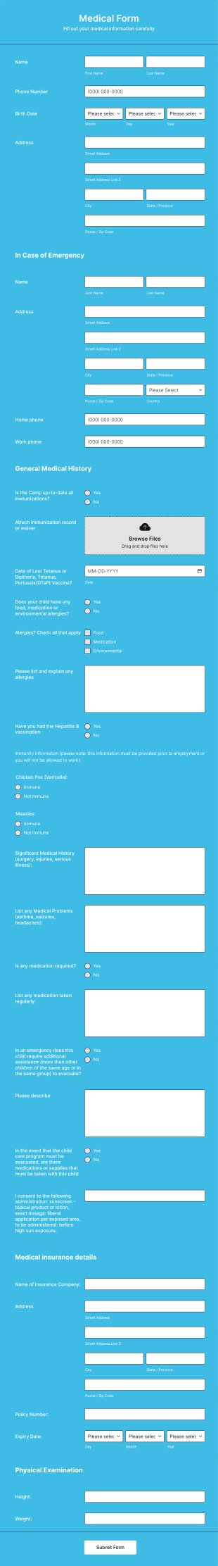 Summer Camp Medical Form Template
