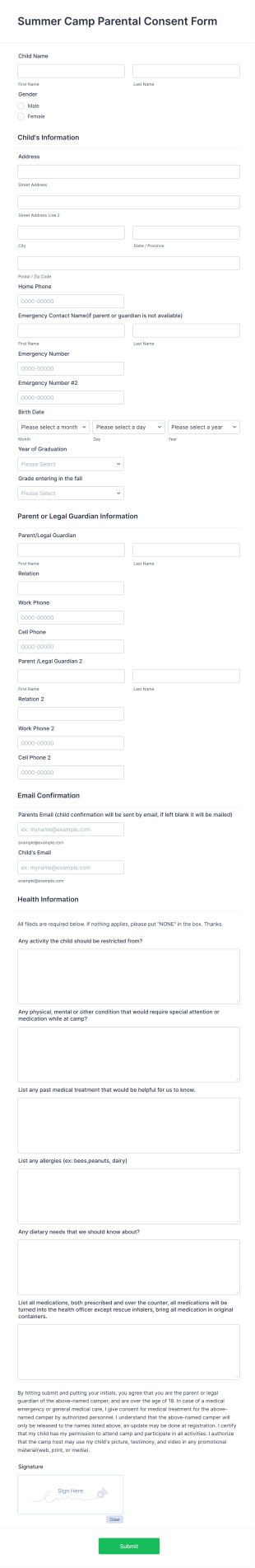 Summer Camp Parental Consent Form Template