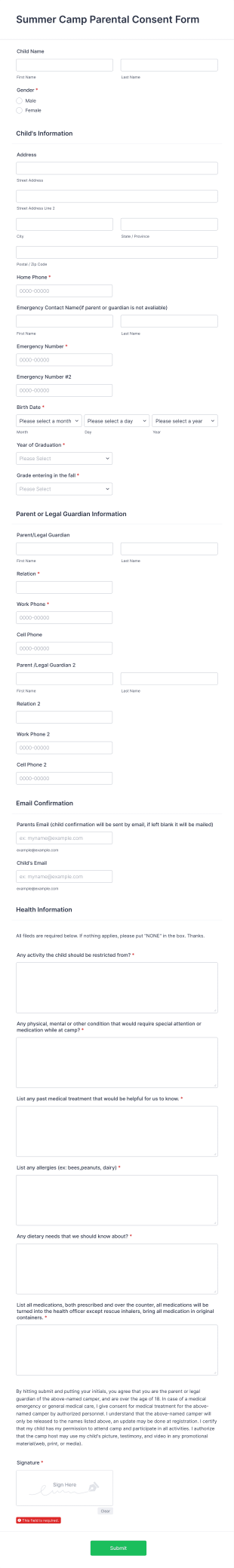 Summer Camp Parental Consent Form Template