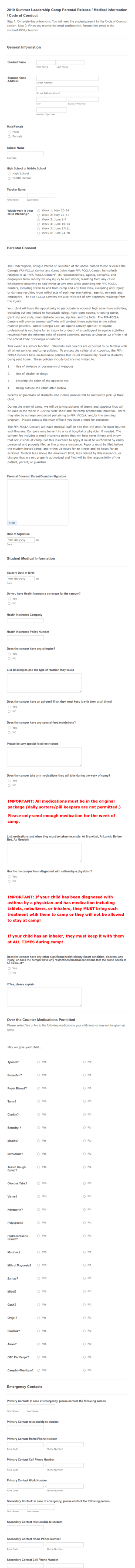 Summer Camp Parental Release Medical Information Code Of Conduct Form Template
