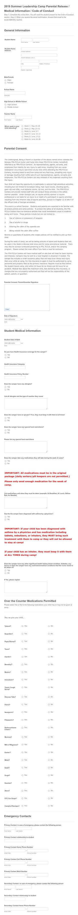 Summer Camp Parental Release Medical Information Code Of Conduct Form Template