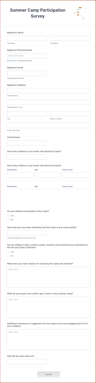 Summer Camp Participation Survey Form Template