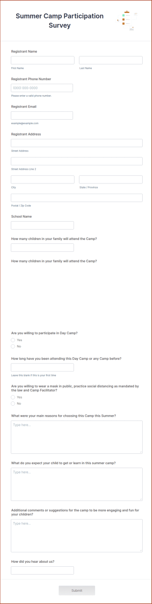 Summer Camp Participation Survey Form Template