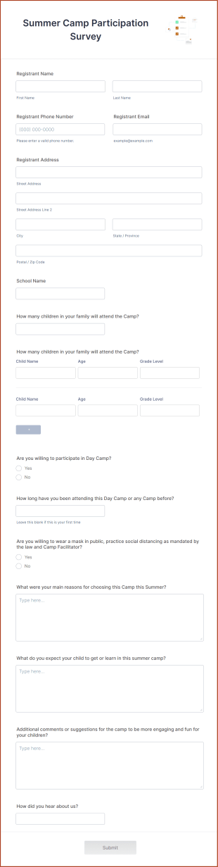 Summer Camp Participation Survey Form Template