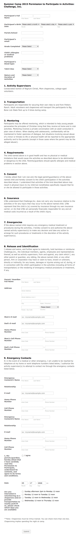 Summer Camp Permission Form Template