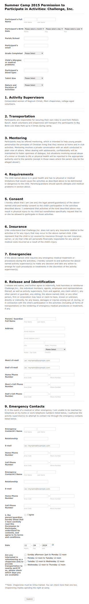 Summer Camp Permission Form Template