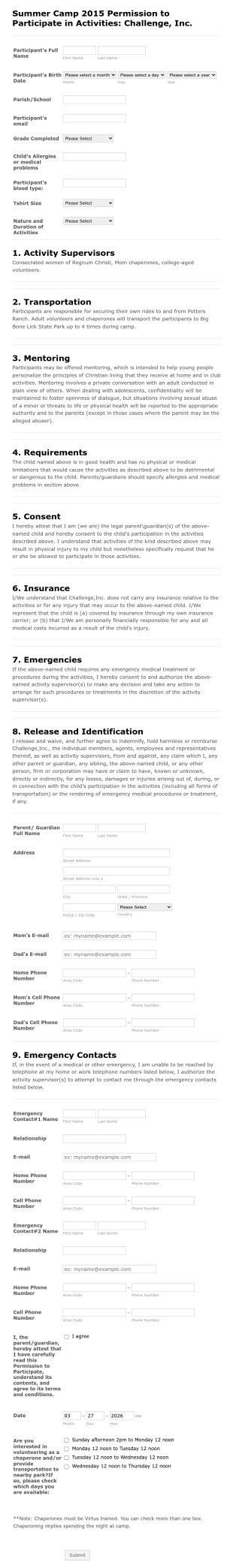 Summer Camp Permission Form Template