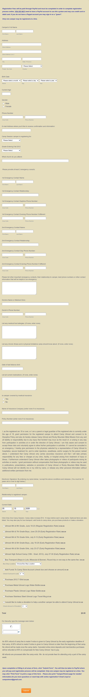 Summer Camp Pre Registration Form Template