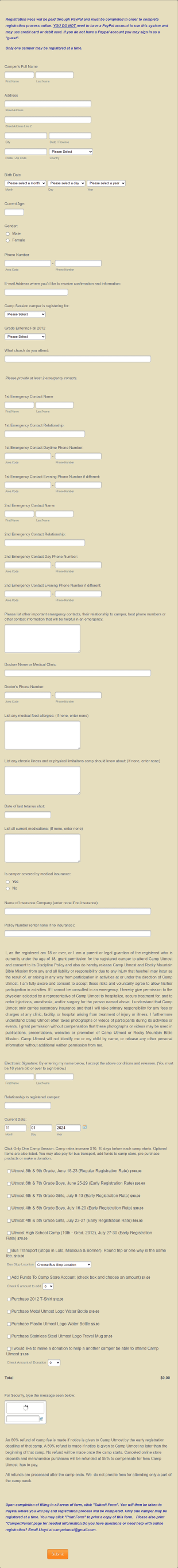 Summer Camp Pre Registration Form Template