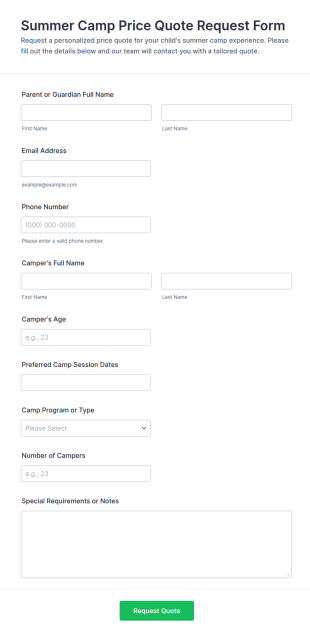 Summer Camp Price Quote Request Form Template