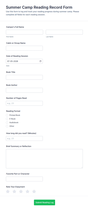 Summer Camp Reading Record Form Template