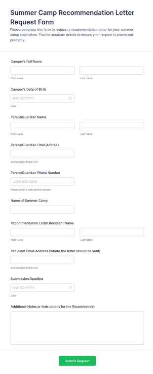 Summer Camp Recommendation Letter Request Form Template