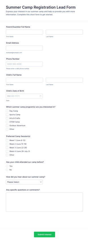 Summer Camp Registration Lead Form Template