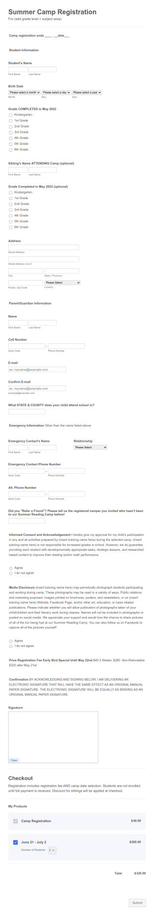 Summer Camp Registration Template Form Template