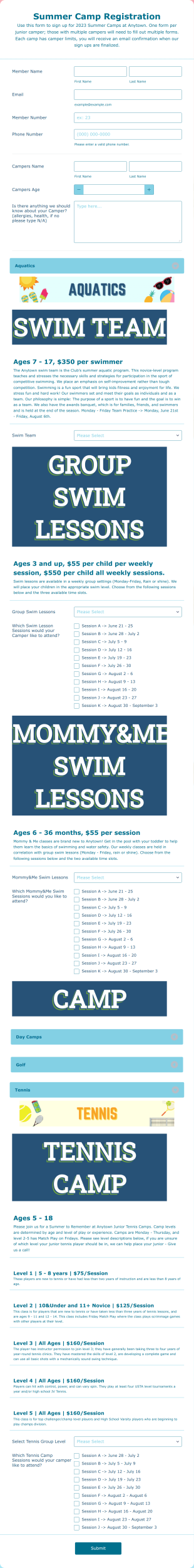 Summer Camp Registration Form Template