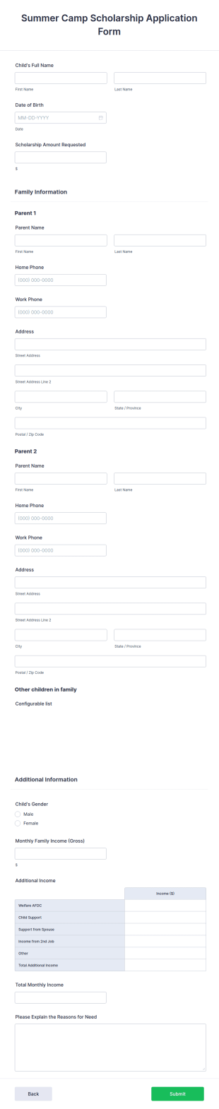 Summer Camp Scholarship Application Form Template