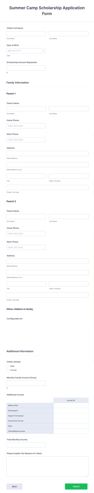 Summer Camp Scholarship Application Form Template