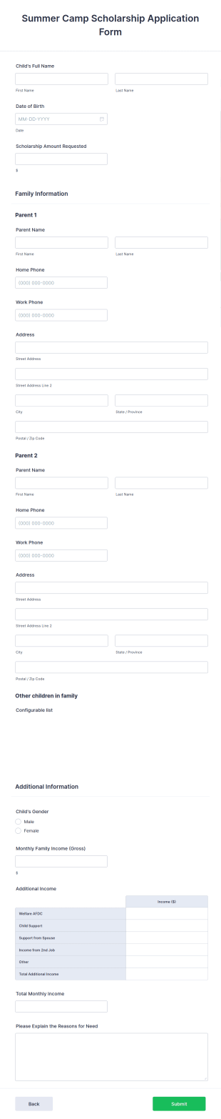 Summer Camp Scholarship Application Form Template
