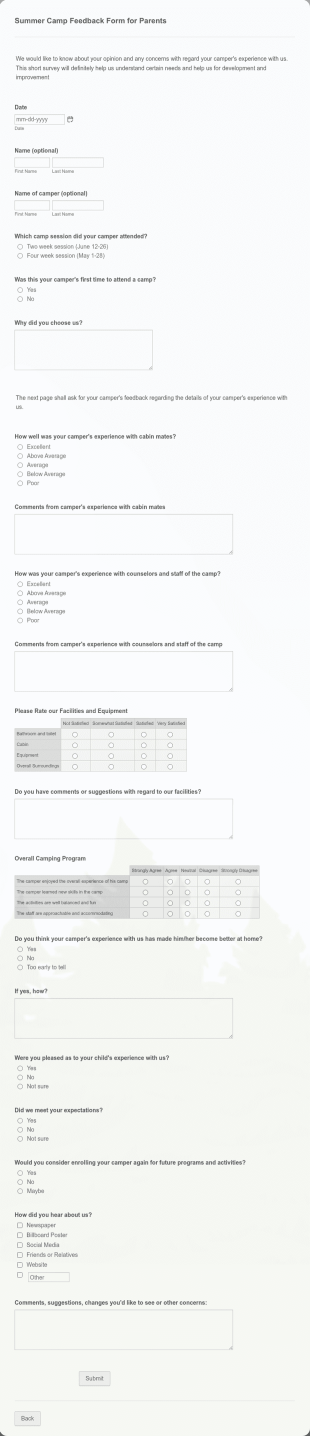 Summer Camp Survey Form For Parents