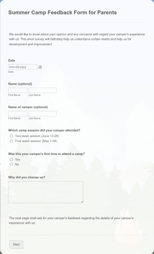 Summer Camp Survey Form For Parents