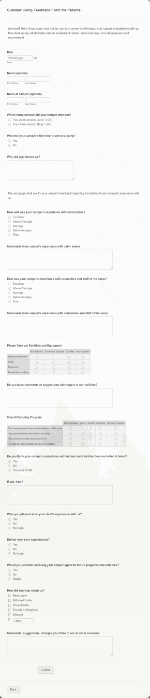 Summer Camp Survey Form For Parents