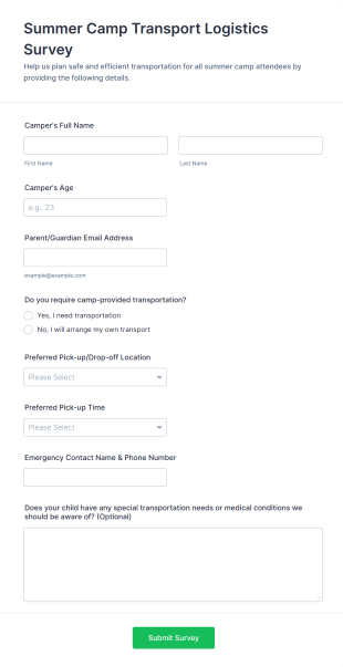 Summer Camp Transport Logistics Survey Form Template