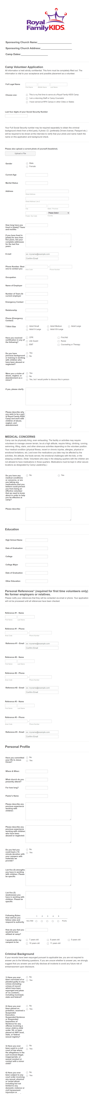 Summer Camp Volunteer Application Form Template
