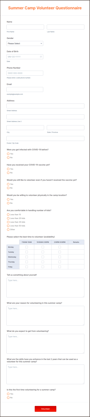 Summer Camp Volunteer Questionnaire Form Template