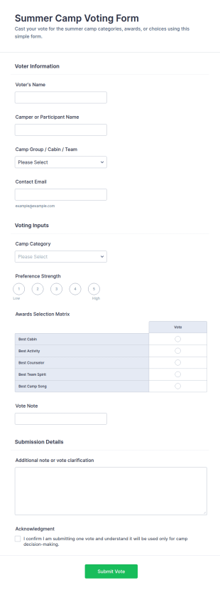 Summer Camp Voting Form Template