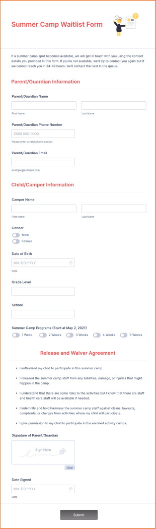 Summer Camp Waitlist Form Template