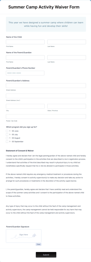 Summer Camp Waiver Form Template