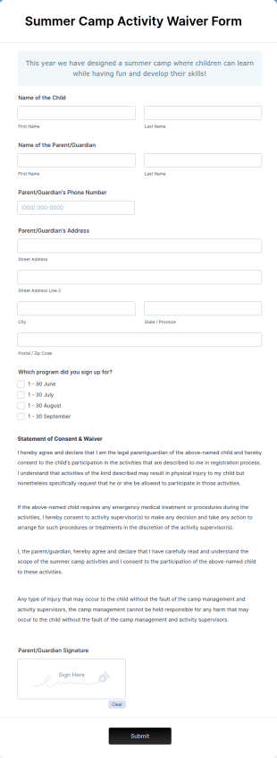 Summer Camp Waiver Form Template