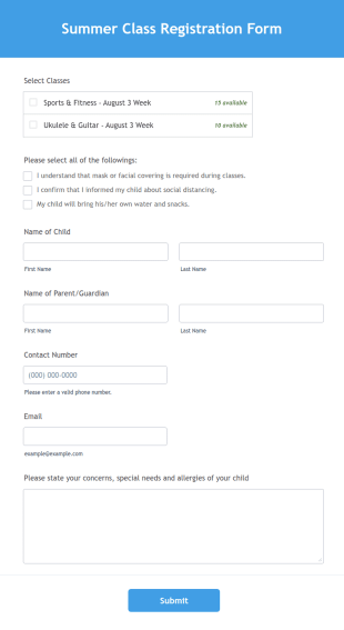 Summer Class Registration Form Template