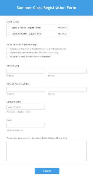 Summer Class Registration Form Template