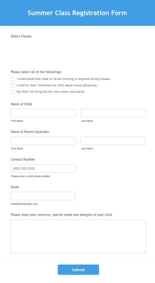 Summer Class Registration Form Template