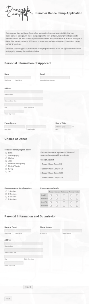 Summer Dance Camp Application Form Template