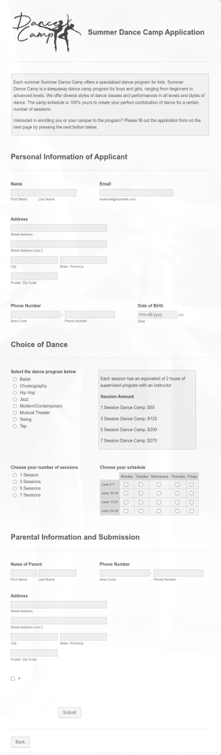 Summer Dance Camp Application Form Template