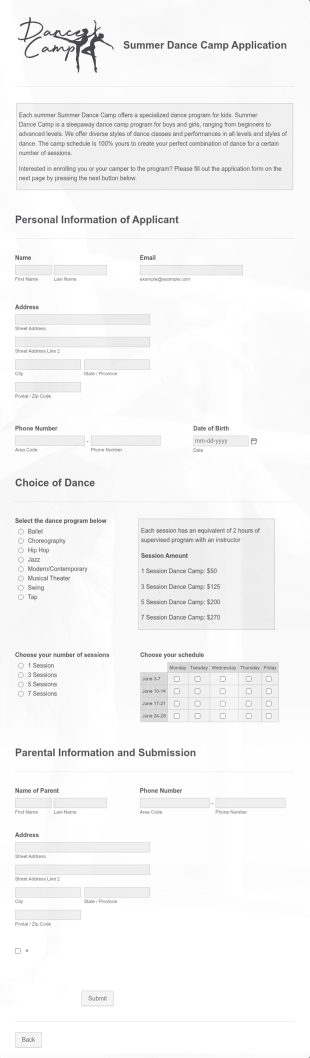 Summer Dance Camp Application Form Template