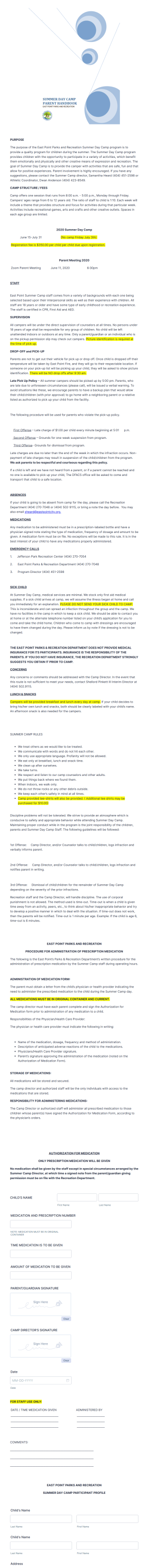 Summer Camp Parent Handbook And Application Form Template