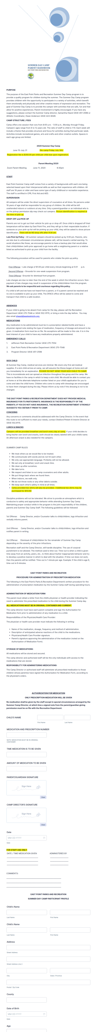 Summer Camp Parent Handbook And Application Form Template