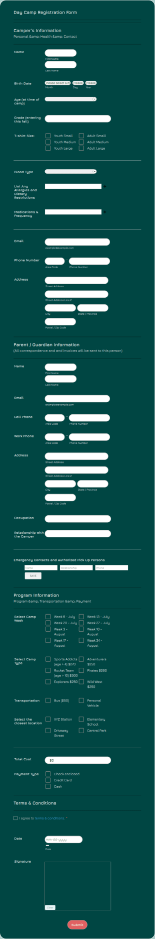 Summer Day Camp Registration Form Template