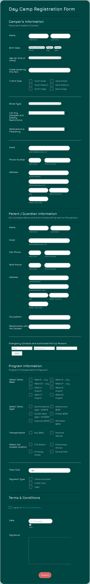 Summer Day Camp Registration Form Template