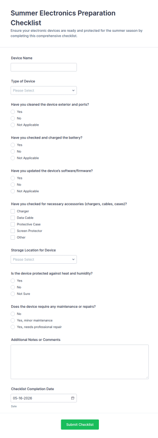 Summer Electronics Preparation Checklist Form Template