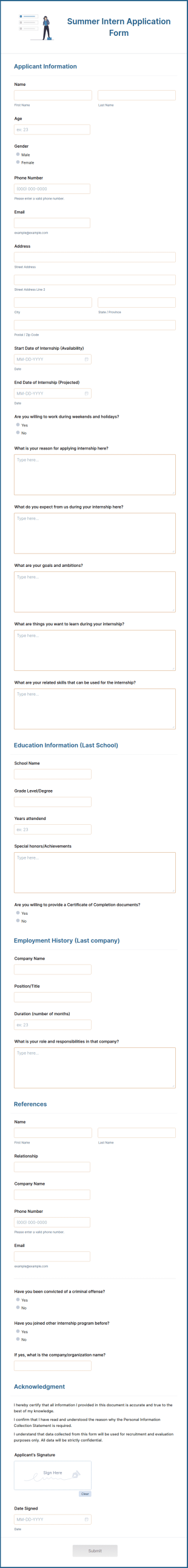 Summer Intern Application Form Template