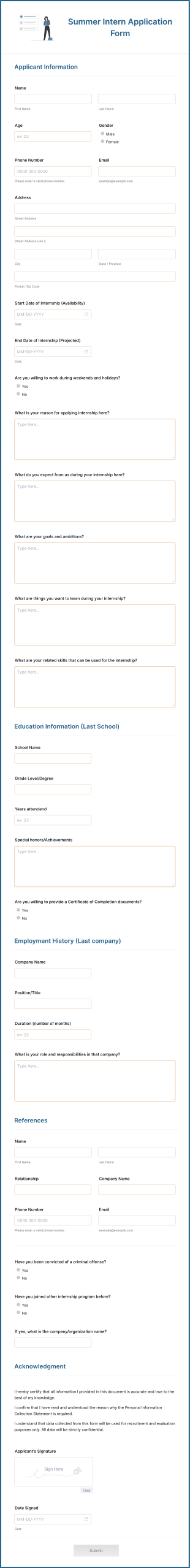Summer Intern Application Form Template