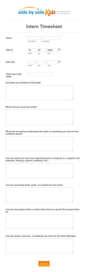 Summer Intern Timesheet Form Template