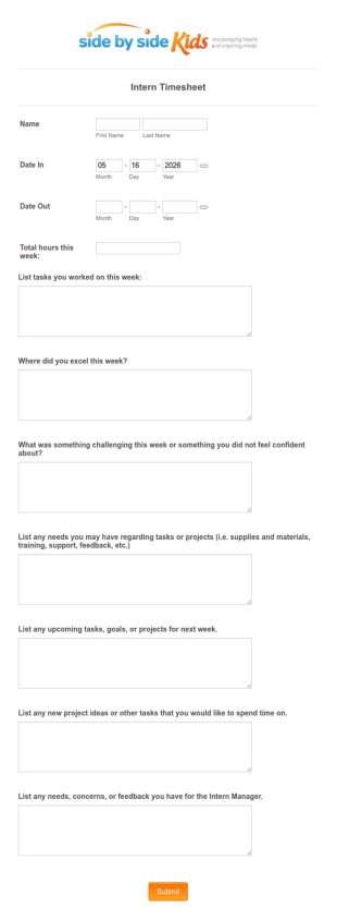 Summer Intern Timesheet Form Template