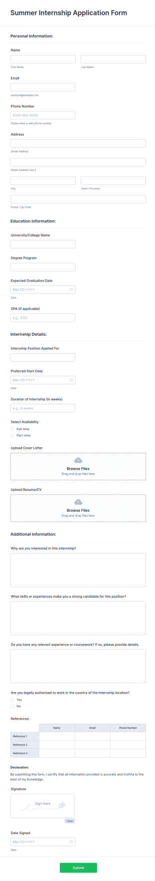 Summer Internship Application Form Template