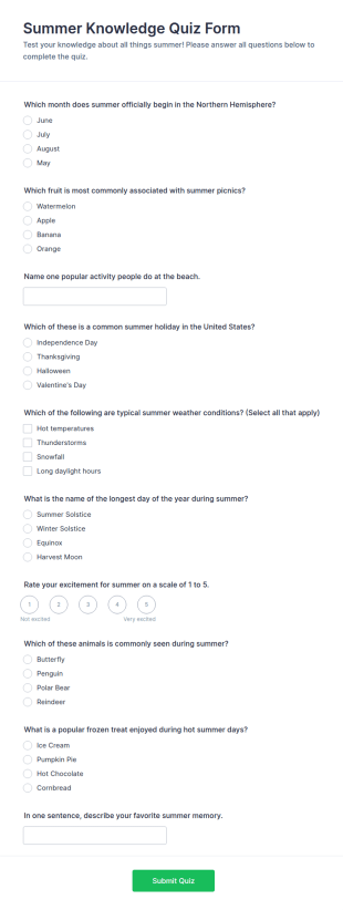Summer Knowledge Quiz Form Template